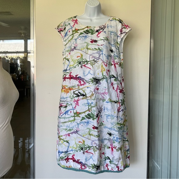 Grizas washed linen shift dress white multi watercolor splatter Size M - Picture 3 of 8